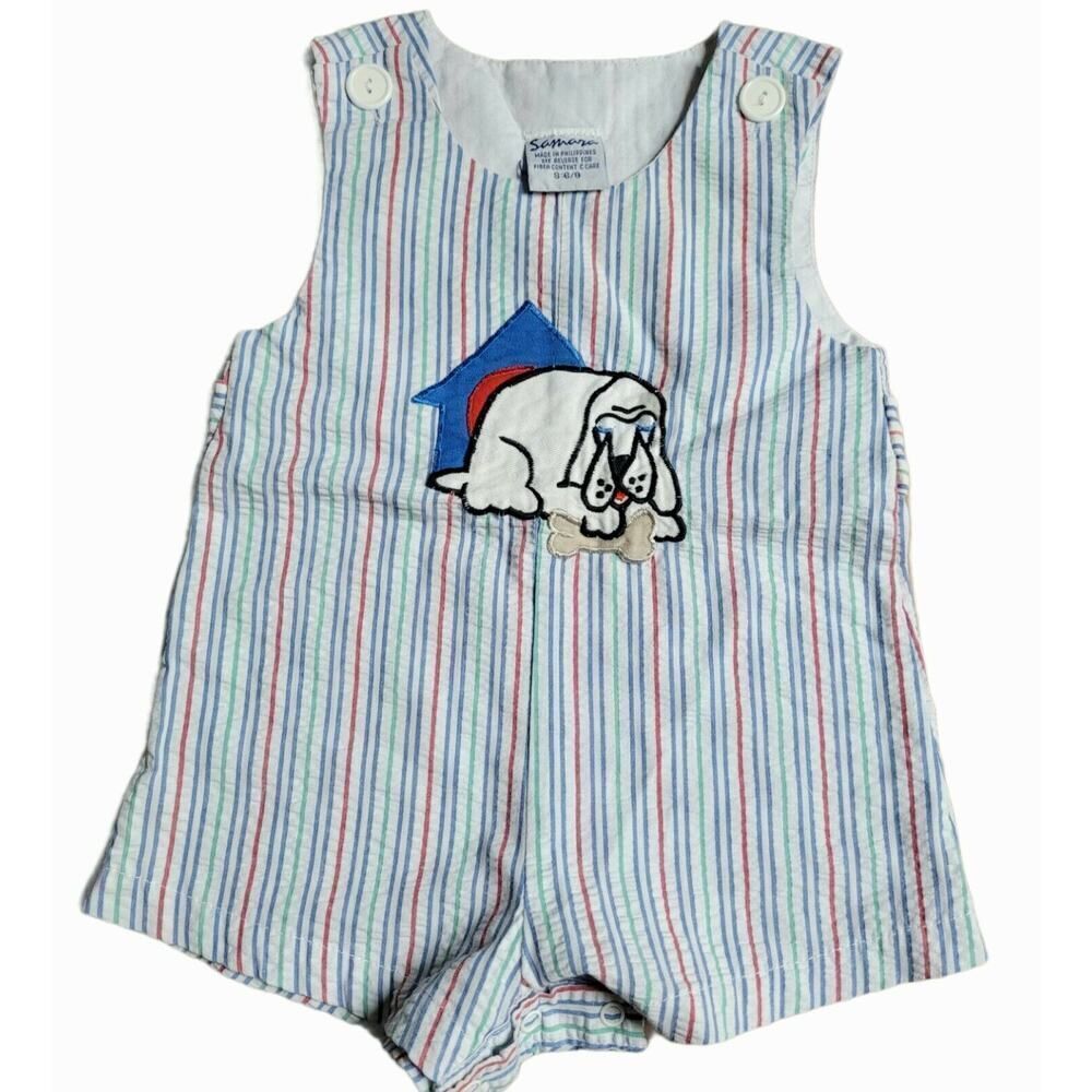 Vintage Samara Striped Dog Doghouse Romper Jon Jon SZ 6-9 Months